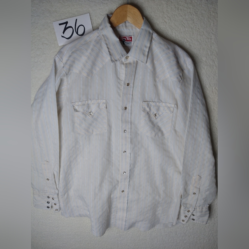 Tem Tex Western Pearl Snap Med Shirt Blue STRIPE Cowboy Rodeo Rockabilly Medium